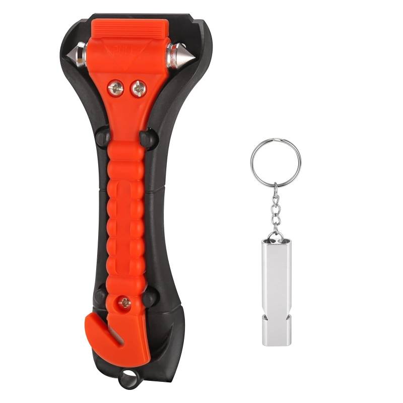 Fainca Nothammer Auto, 2 In 1 Nothammer Notfallhammer, Mini Notfall Hammer für Auto, Mit Notfallpfeife Trillerpfeife, Orange Farbe Nothammer, Auto Notfallhammer Mit Gurtschneider von Fainca