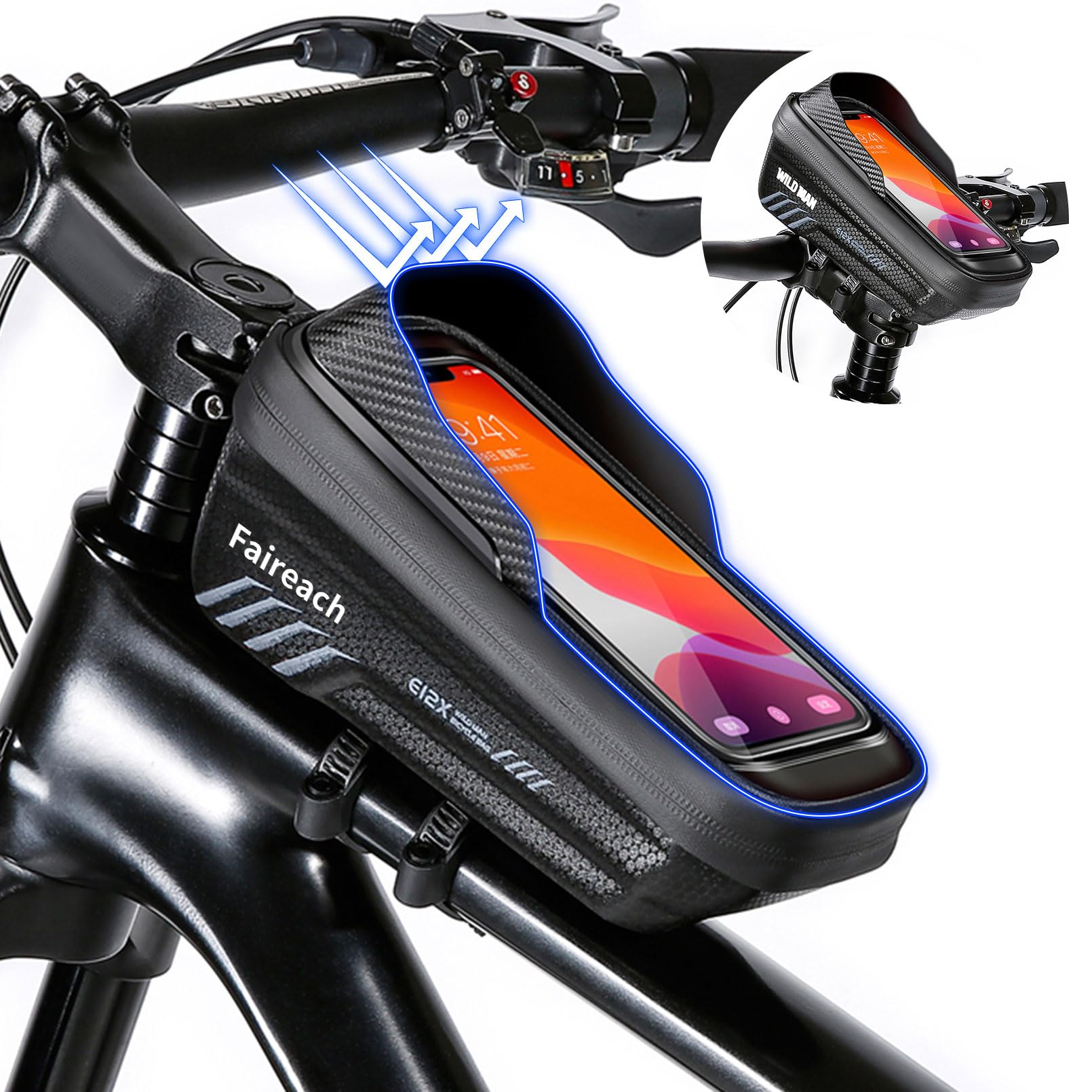 Faireach Fahrrad Rahmentasche mit 3D Sonnenblende, Wasserdicht handyhalterung Fahrrad, Fahrradtasche Lenkertasche Fahrrad mit 0.25mm Touchscreen und Regenfest Abdeckung für Smartphones bis 6,8'' von Faireach