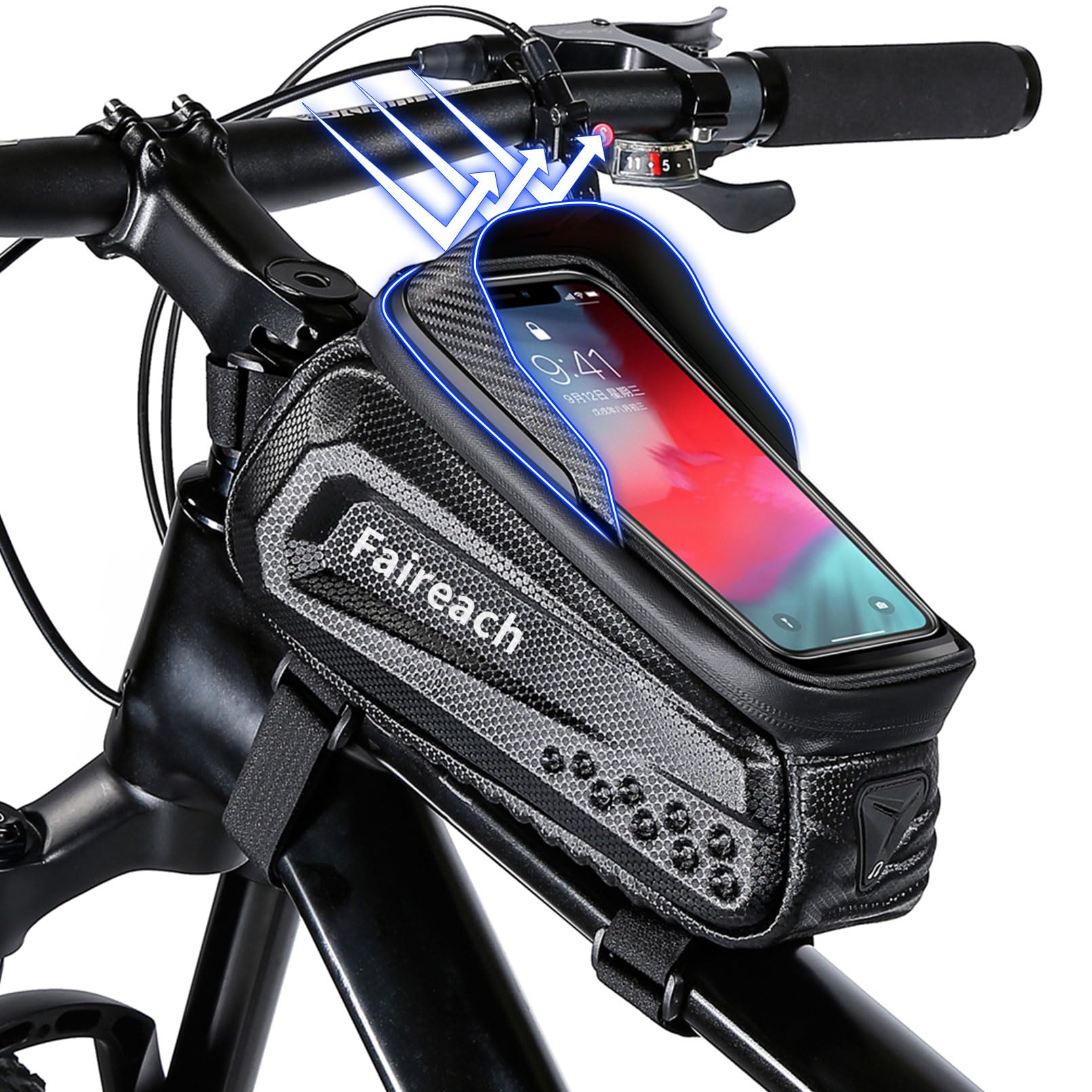 Faireach Fahrradtasche Rahmen Wasserdicht, Handytasche Fahrrad mit 2,2L Große Kapazität und Face ID Funktion, Rahmentasche Fahrrad Touchscreen für Smartphones 5,5-7 Zoll von Faireach