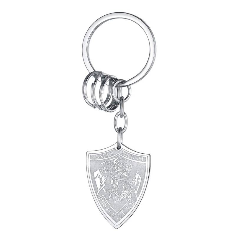 FaithHeart Edelstahl Silberfarbe Schildförmig Saint Michael Schlüsselanhänger Punk Heiliger Michael Keychain mit Geschenkebox für Herren Männer von FaithHeart