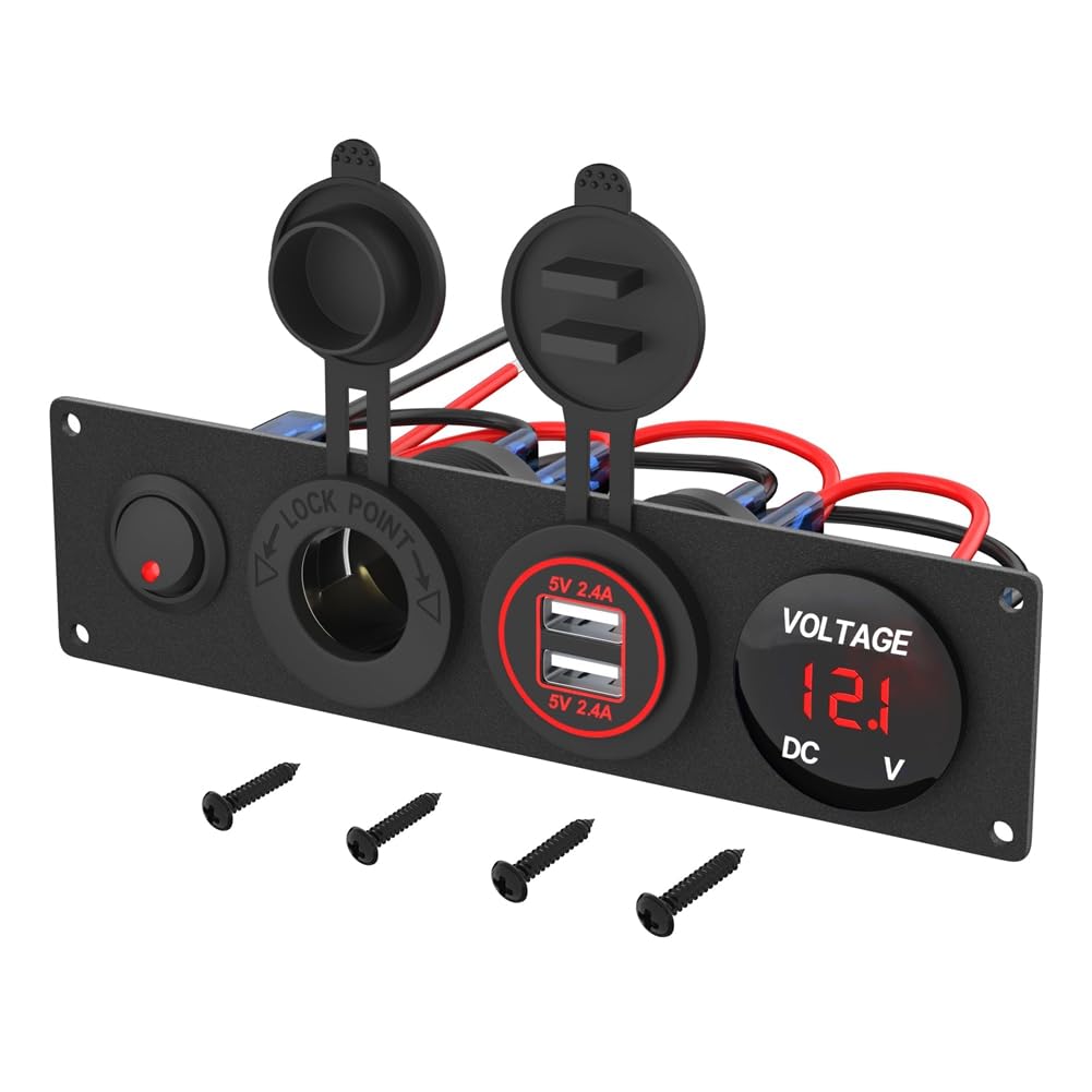 Fangxuee 4-In-1 12-V-USB-Panel + LED-Voltmeter & Dual-USB-Ladebuchse & Zigarettenanzünderbuchse & Kippschalter-Panel, Rot von Fangxuee