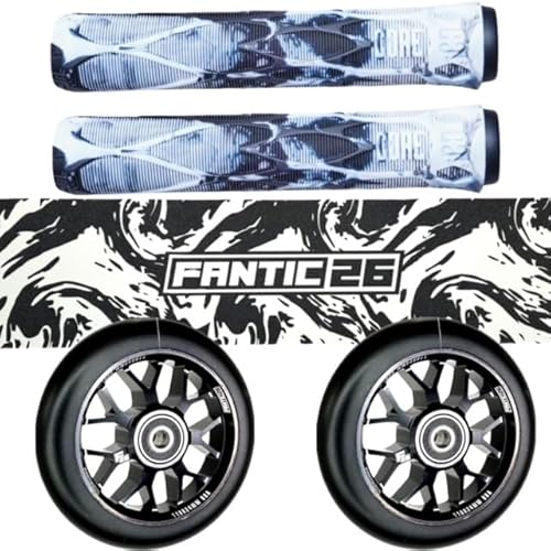 Fantic26 Stunt Scooter Ersatzteile Bundle Core Pro Soft 170mm Griffe mit Barends I F26 Spy7 110mm Abec11 Rollen I Griptape Swirl Schwarz/Weiß von Fantic26