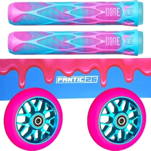 Fantic26 Stunt-Scooter Trick Roller Ersatzteile Bundle I Core Pro Refresher Griffe mit Barends I F26 Spy7 110mm Aben11 Rollen I Griptape Slime Pink/Türkis) von Fantic26