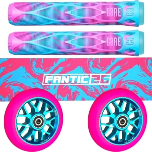 Fantic26 Stunt-Scooter Trick Roller Ersatzteile Bundle I Core Pro Soft 170mm Griffe Refresher I F26 Spy7 110mm Abec11 Rollen I Griptape Swirl Pink/Türkis von Fantic26