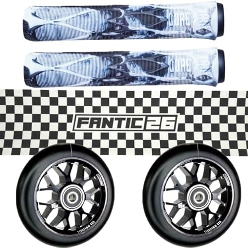 Fantic26 Stunt-Scooter Trick Roller Ersatzteile Bundle I Core Pro Soft Griffe mit Barends I F26 Spy7 110mm Abec11 Rollen I Griptape Checker Schwarz/Weiß von Fantic26