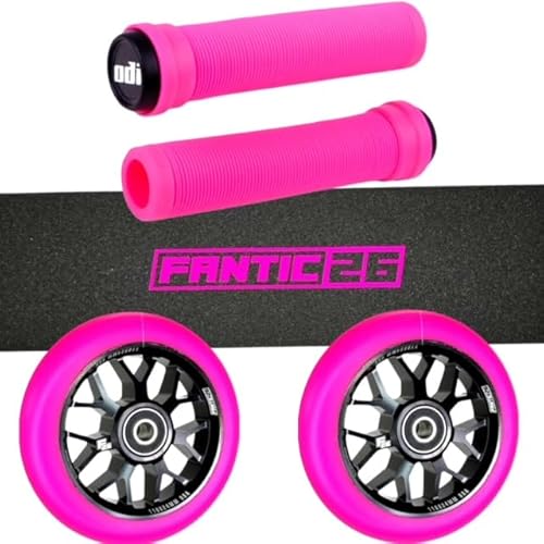 Fantic26 Stunt-Scooter Trick Roller Ersatzteile Bundle I ODI SL Soft Griffe mit Barends I F26 SPy7 110mm Abec11 Rollen I Griptape Basic Schwarz/Pink von Fantic26