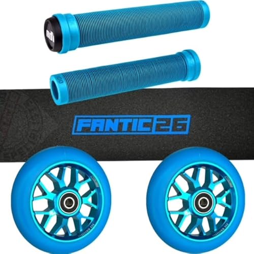 Fantic26 Stunt-Scooter Trick Roller Ersatzteile Bundle I ODI SLX SOft Griffe mit Barends Aqua I F26 Spy7 110mm Abec11 Rollen I Griptape Basic Schwarz/Blau von Fantic26