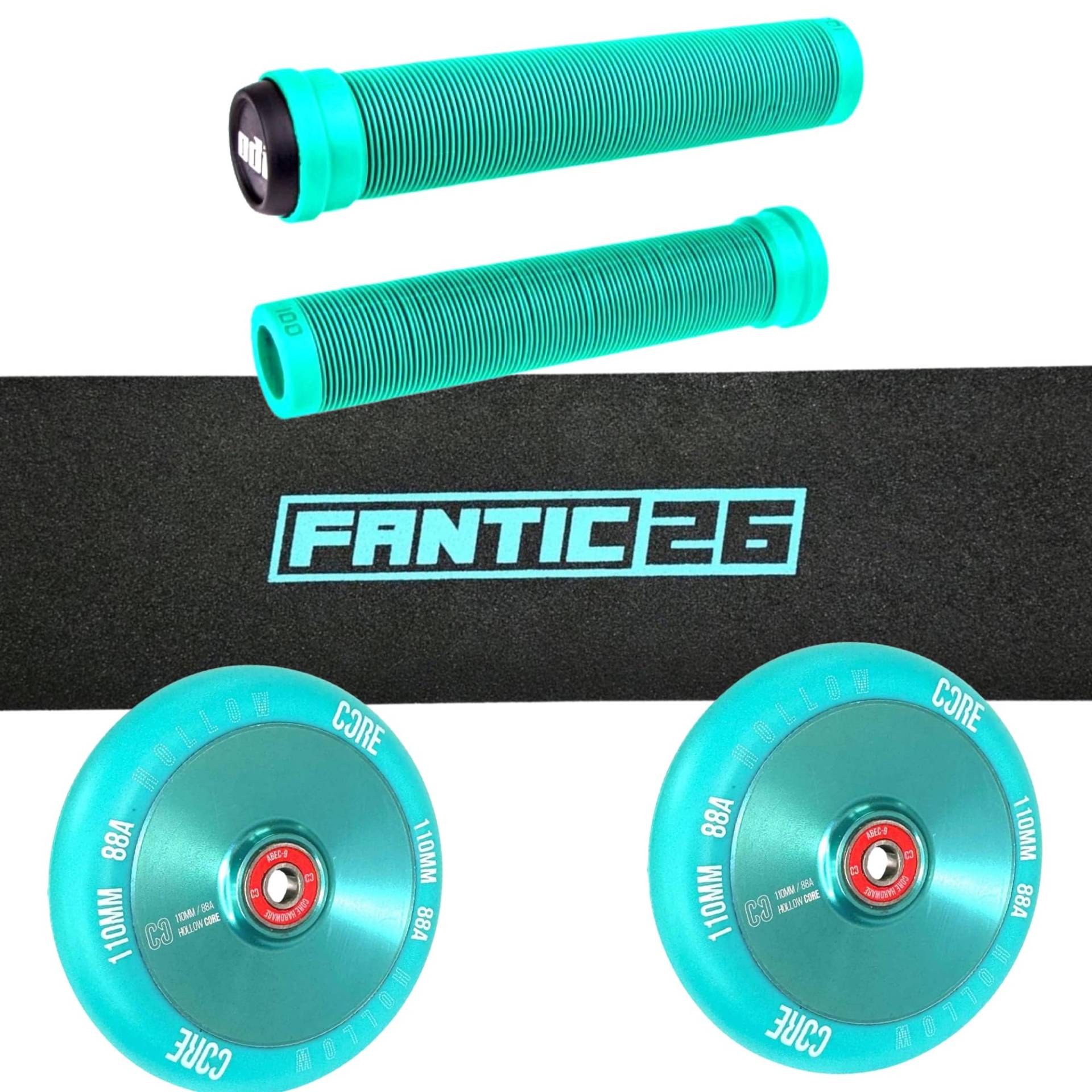 Fantic26 Stunt-Scooter Trick Roller Ersatzteile Bundle I ODI SLX Soft Griffe mit Barends I Core V2 Hollowcore 110mm Abec9 Rollen I Griptape Basic Türkis von Fantic26