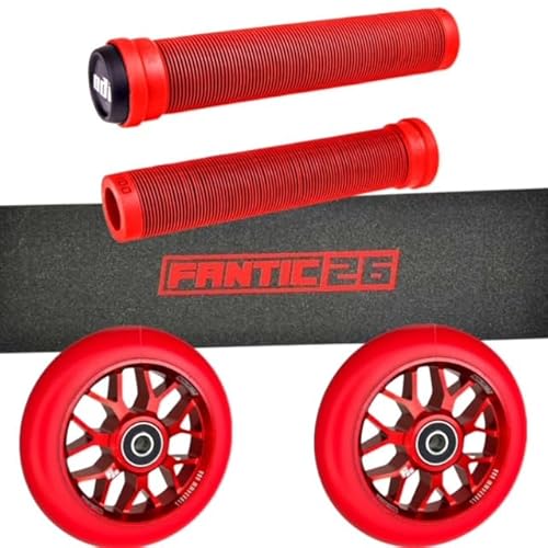 Fantic26 Stunt-Scooter Trick Roller Ersatzteile Bundle I ODI SLX Soft Griffe mit Barends I F26 Spy7 110mm Abec11 Rollen I Griptape Basic Schwarz/Rot von Fantic26