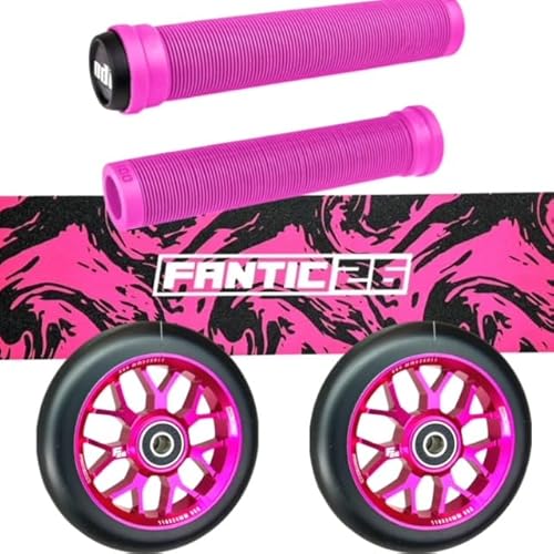 Fantic26 Stunt Scooter Trick Roller Ersatzteile Bundle I ODI SLX Soft Griffe mit Barends I F26 Spy7 110mm Abec11 Rollen I Griptape Swirl Schwarz/Pink von Fantic26