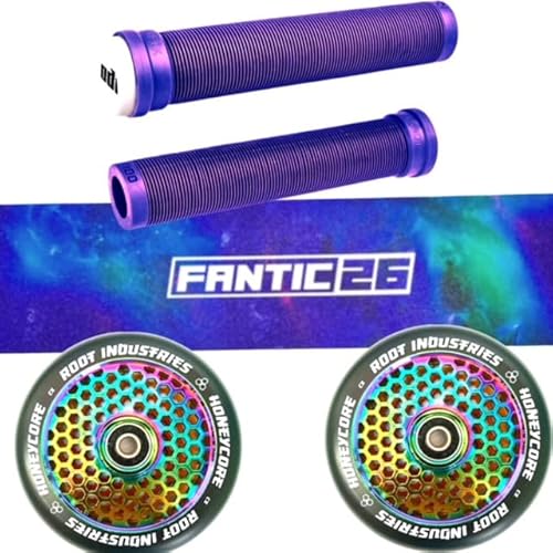 Fantic26 Stunt-Scooter Trick Roller Ersatzteile Bundle I ODI SLX Soft Griffe mit Barends Lila I Root Industrie Honeycore 110mm Rainbow I Griptape Galaxy Neochrome von Fantic26