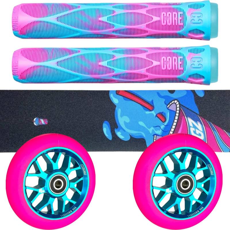 Fantic26 Stunt-Scooter Trick Tret Park/Street Roller Ersatzteile Tuning Bundle Kit Core Pro Griffe mit Barends I Figz Slurepee Griptape I Spy7 Rollen Abec11 Pink/Hell Blau von Fantic26