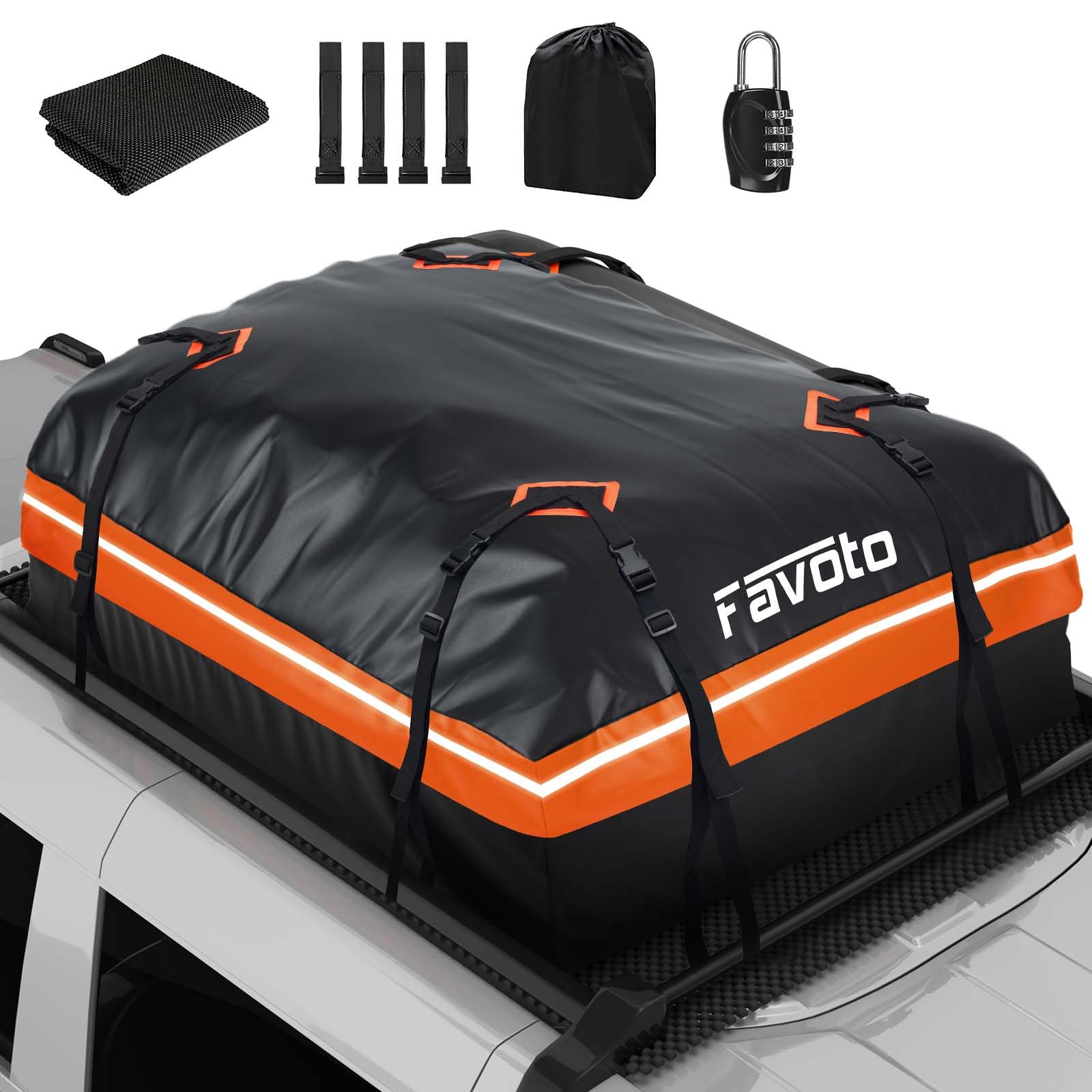 Favoto Dachbox 425 L Faltbarer Dachkoffer wasserdichte Dachtasche mit Antirutschmatte Türhaken Verstärkungsgurte für PKW Autos SUVS mit/ohne Gepäckträger Reisen Gepäcktransport Schwarz-Orange von Favoto