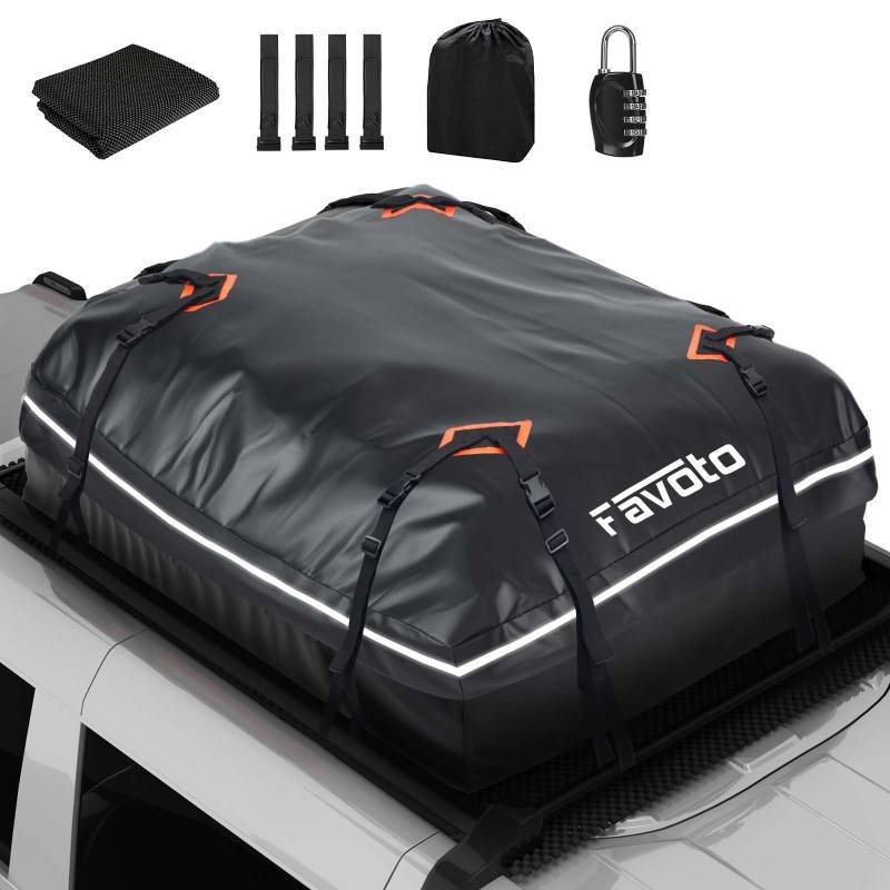 Favoto Dachtasche 425 L Faltbarer Dachbox Dachkoffer wasserdicht mit Antirutschmatte Türhaken Verstärkungsgurte für PKW Autos SUVS mit/ohne Gepäckträger Reisen Gepäcktransport Schwarz von Favoto