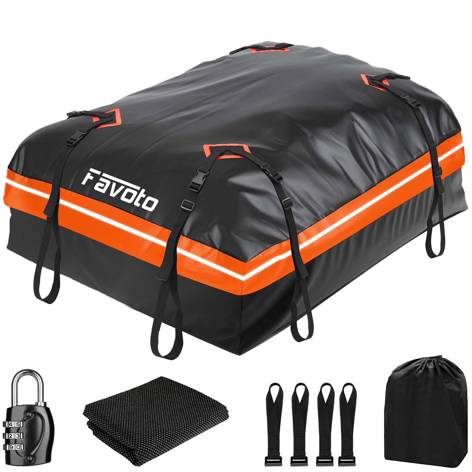 Favoto Dachtasche 425L Faltbarer Dachkoffer wasserdichte Dachbox mit Antirutschmatte Türhaken Verstärkungsgurte für PKW Autos SUVS mit/ohne Gepäckträger Reisen Gepäcktransport Schwarz-Orange von Favoto