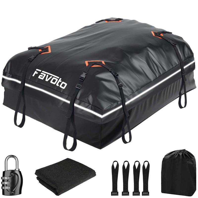 Favoto Dachtasche 566L Faltbarer Dachbox Dachkoffer wasserdicht mit Antirutschmatte Türhaken Verstärkungsgurte für PKW Autos SUVS mit/ohne Gepäckträger Reisen Gepäcktransport Schwarz von Favoto