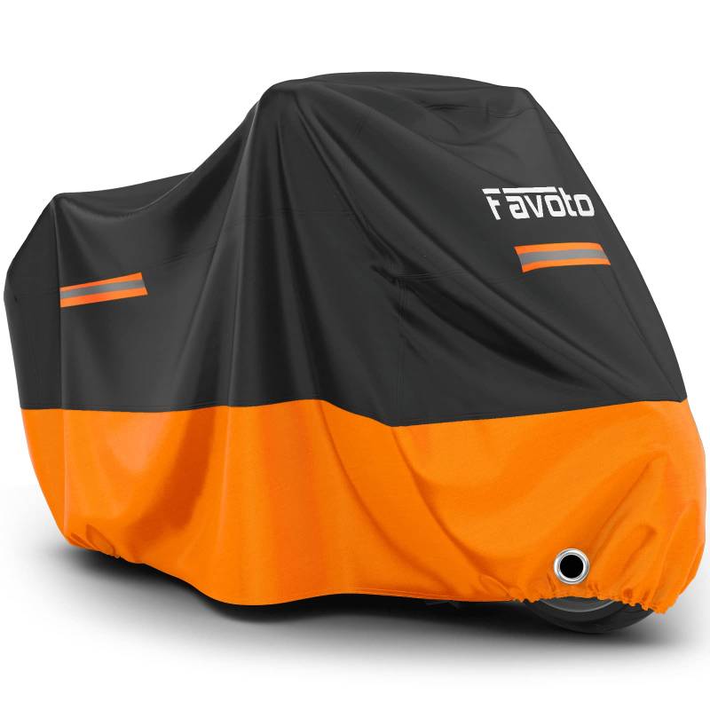 Favoto Motorrad Abdeckplane Outdoor Motorradabdeckung - Wasserdicht Staubdicht UV-Schutz mit Schlossloch Winddichte Schnalle Oxfordstoff Orange-Schwarz XXXL 265cmx105cmx125cm von Favoto