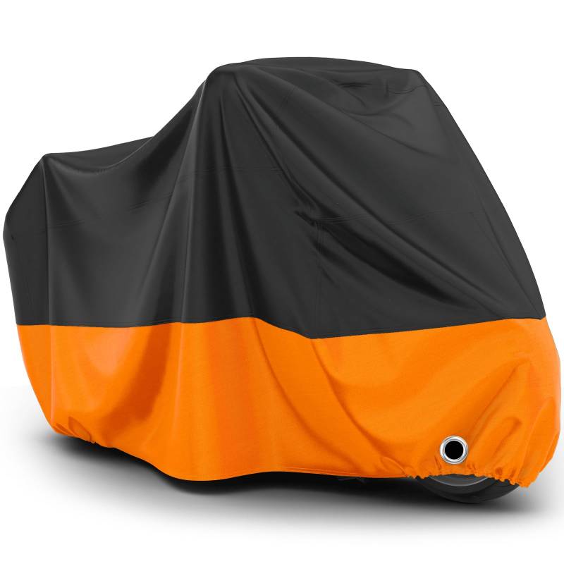 Favoto Motorradabdeckung Outdoor Wasserdicht XXL - Motorradgarage Motorrad Abdeckplane Schutzhülle Staubdicht UV-Schutz mit Schlossloch Winddichte Schnalle Oxfordstoff Orange Schwarz 245cmx105cmx125cm von Favoto