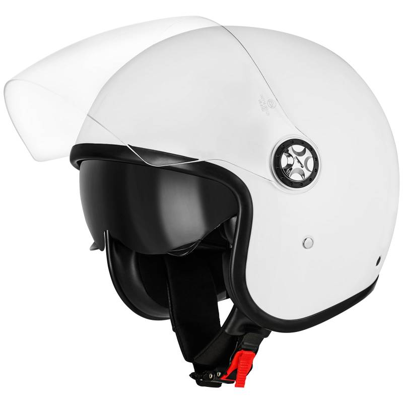 Favoto Motorradhelm Jethelm Herren Mopedhelm - mit Doppelvisier Sonnenblende Erwachsene 3/4 Halber Motorradhelm für Herren Damen Atmungsaktiv ECE 22.06 Zertifiziert M (57-58cm) Weiß von Favoto