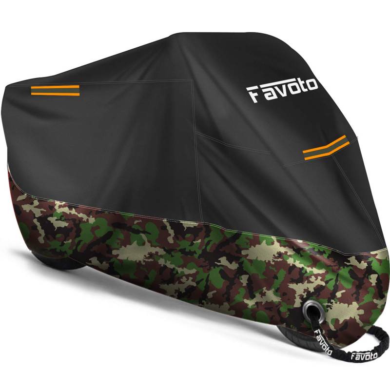 Favoto Verbesserte Version Motorradabdeckung Wasserdicht Motorrad Abdeckplane Outdoor Motorradgarage Motorroller Abdeckung Winterfest mit 2 Gürtelschnalle Schwarz-Camouflage XXL 245cmx105cmx125cm von Favoto