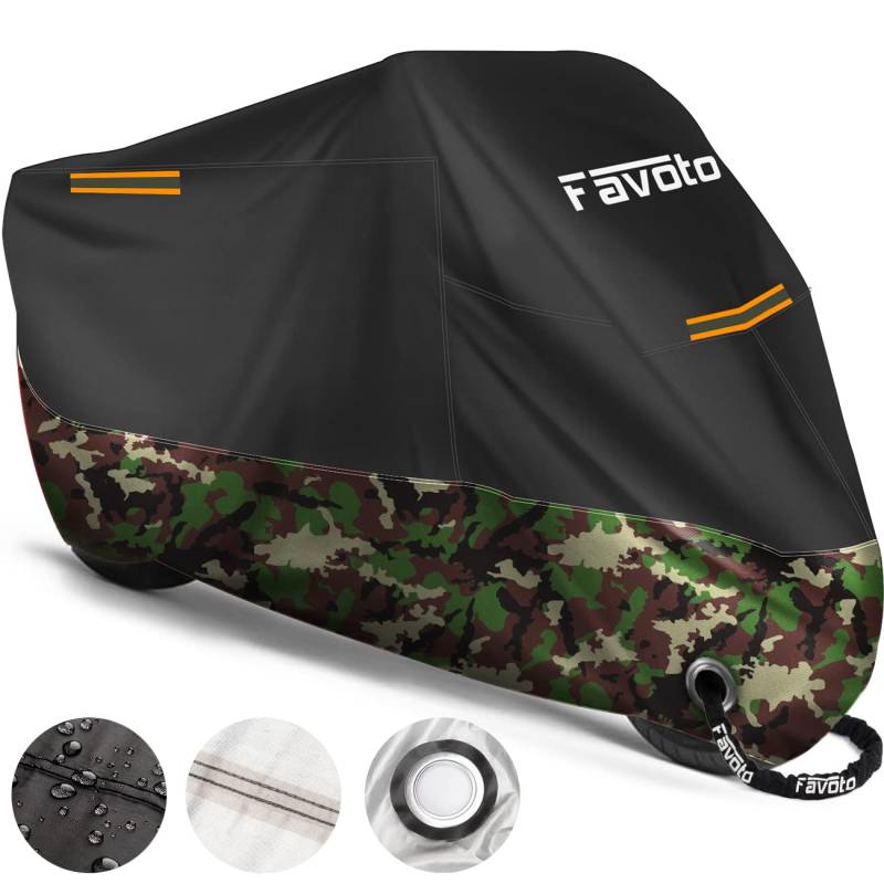 Favoto [Verbesserte Version] Wasserdicht Motorradabdeckung Motorrad Abdeckplane Outdoor Motorradgarage Motorroller Abdeckung Winddicht mit 2 Gürtelschnalle Schwarz Camouflage 220cmx105cmx125cm von Favoto