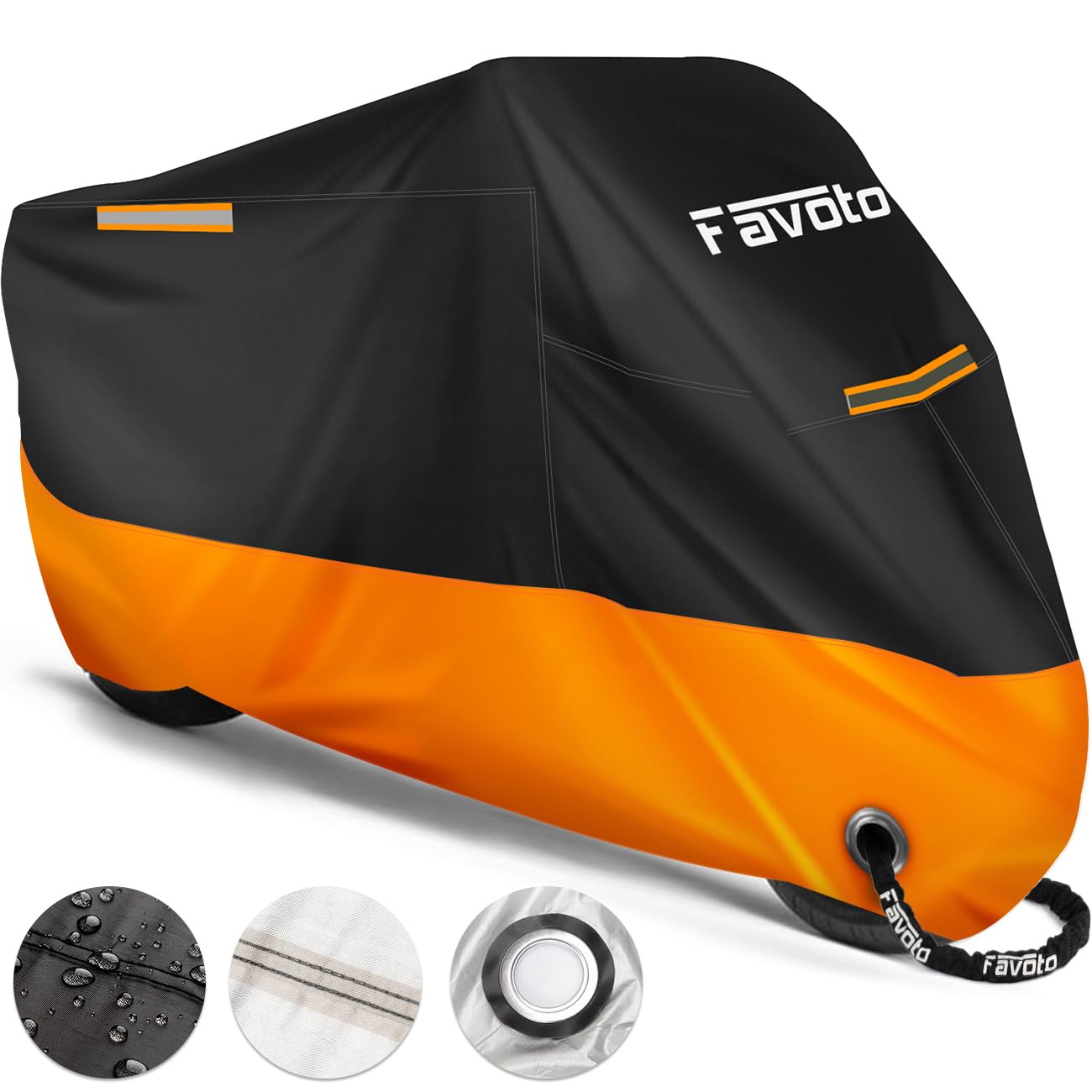 Favoto Verbesserte Version Wasserdicht Motorradabdeckung Motorrad Abdeckplane Outdoor Motorradgarage Motorroller Abdeckung Winddicht XXL mit 2 Gürtelschnalle Schwarz-Orange 245cmx105cmx125cm von Favoto