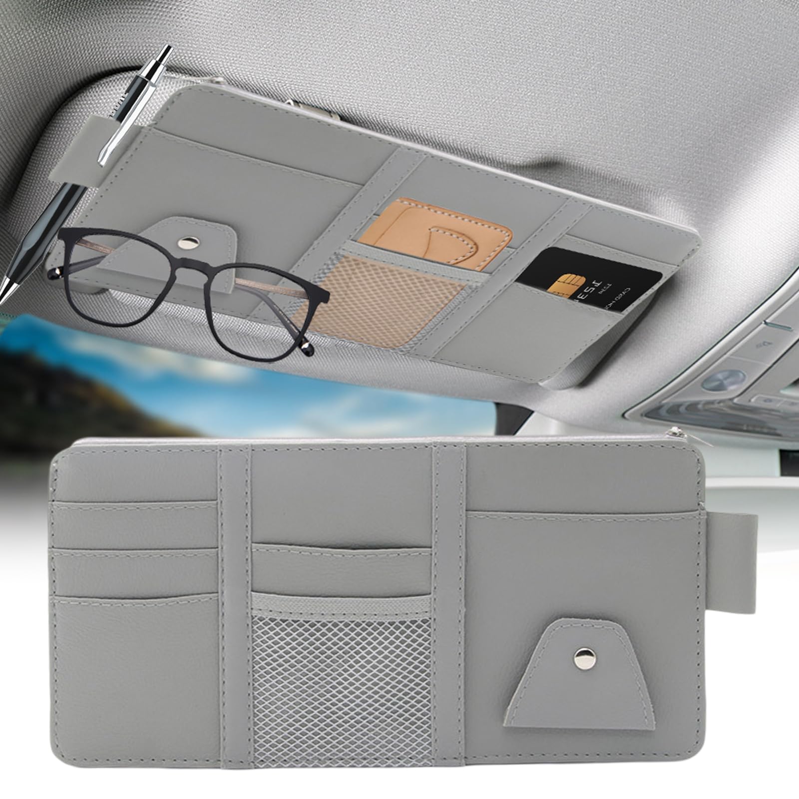 Favson Auto Sonnenblende Organizer,Leder Aufbewahrungstasche,29x15cm Car Sun Visor Organizer,Sonnenblende Tasche für Karten Lizenz Stift Brillen,Auto Interieur Leder Sonnenblenden Organizer(Grau) von Favson