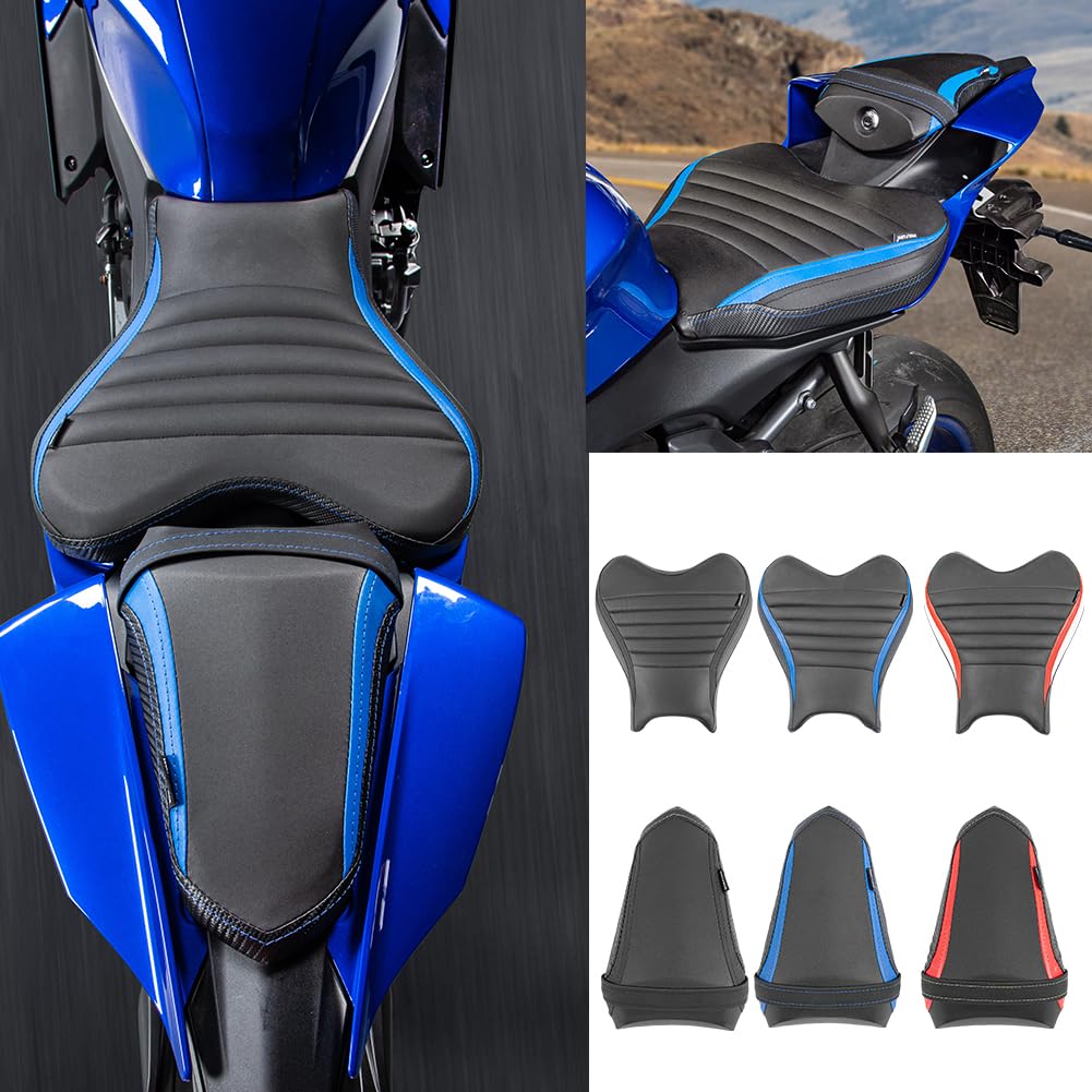 Motorrad Vorne Fahrer Fahrer Solo Sitz Anti Slip Hinten Passagier Sitzbezüge Motorhaube Kissen Pad Ersatz Zubehör Für Ya.maha YZFR7 YZF R7 YZF-R7 2021 2022 2023 Teile (Ein Set – Blau) von Fayedenicy