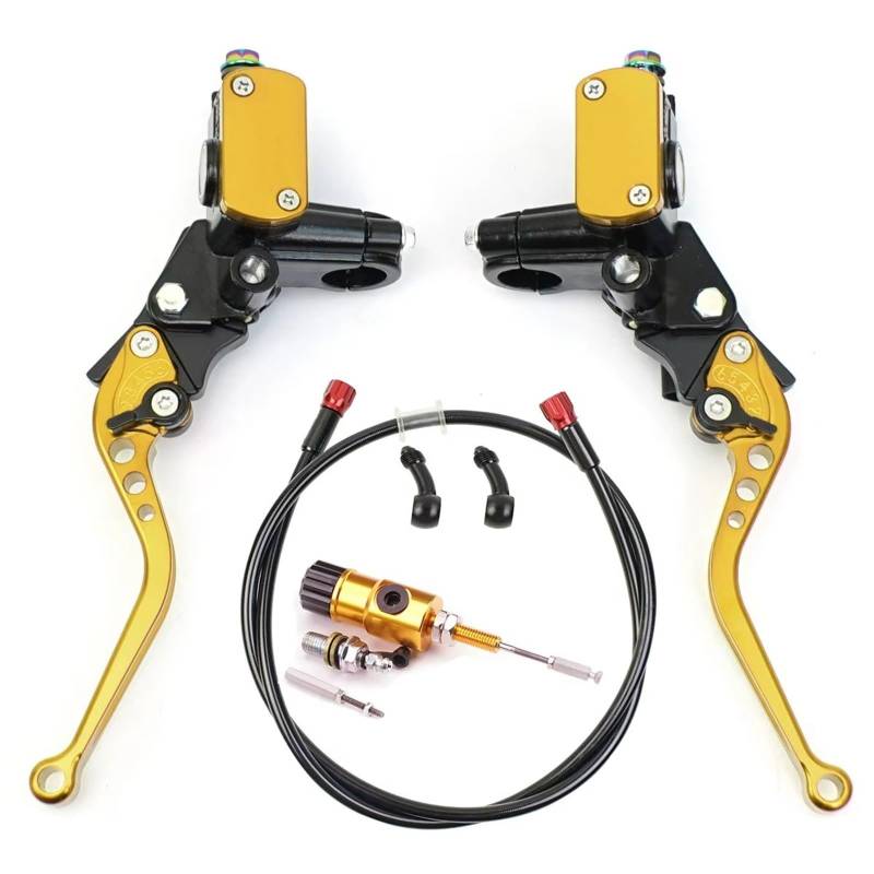 Brems- und Kupplungshebel Motorrad Hydraulische Kupplung Kit Hauptbremszylinder Öl Rohr Kit Für Suzuki Für Kawasaki Dirt Bike Sport Bike Roller HauptbremszylinderLenker(Gold Kit) von Fbxmjoa