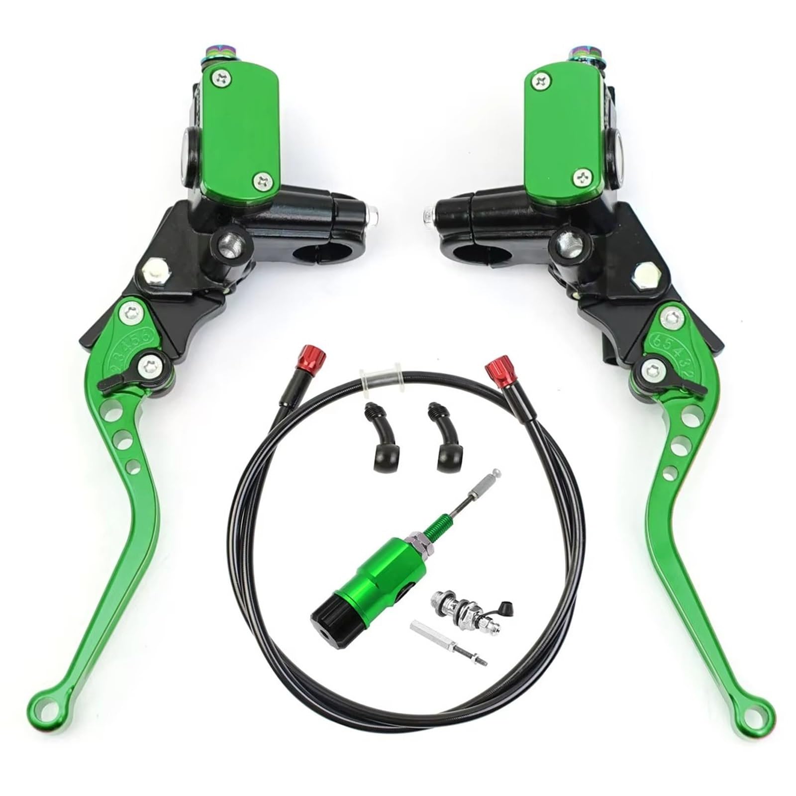 Brems- und Kupplungshebel Motorrad Hydraulische Kupplung Kit Hauptbremszylinder Öl Rohr Kit Für Suzuki Für Kawasaki Dirt Bike Sport Bike Roller HauptbremszylinderLenker(Green Kit) von Fbxmjoa