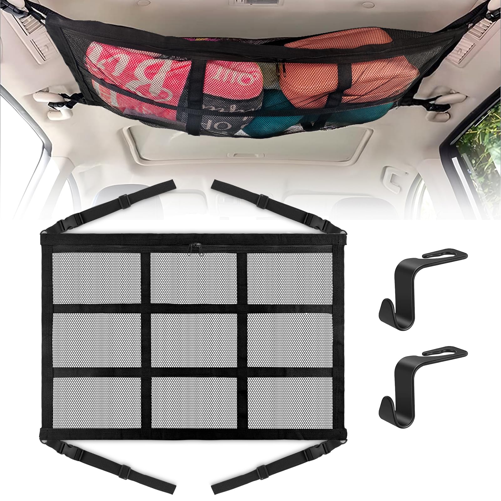 Feelhap Gepäcknetz Auto, 80X52cm Universal Autodach Gepäcknetz Decke Autodach Aufbewahrung, Doppelschicht Gepäcknetz Wohnmobil mit 2 Haken, Autonetz für Organizer Vier Dacharmlehnen, SUV, Jeep, Van von Feelhap