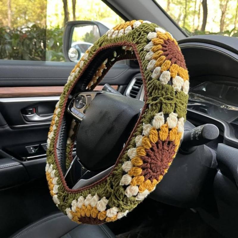 Fenayuu Boho Lenkrad Abdeckung | Gehäkelte Sonnenblumen-Lenkradabdeckung | Sonnenblumen Häkelradabzug | Weiche Vintage Boho Auto Innenzubehör Für Lenkrad von Fenayuu