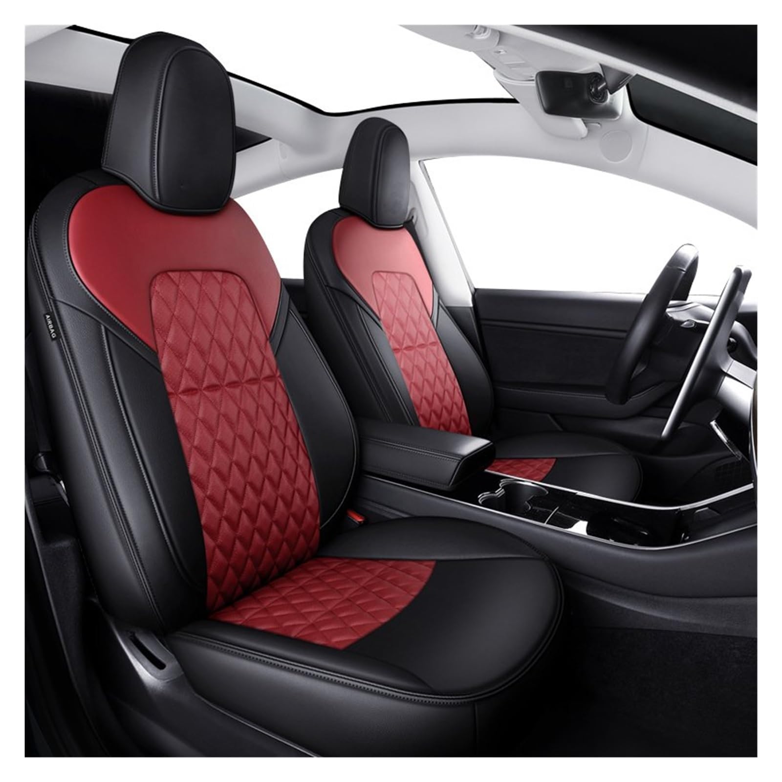 Auto-Sitzbezüge Für Tesla Für Modell Y 3 Custom Fit Auto Sitz Abdeckung Zubehör Voll Leder Für 5 Sitze Modell Auto-Schonbezug(Burgundy with Black) von Feoosvx