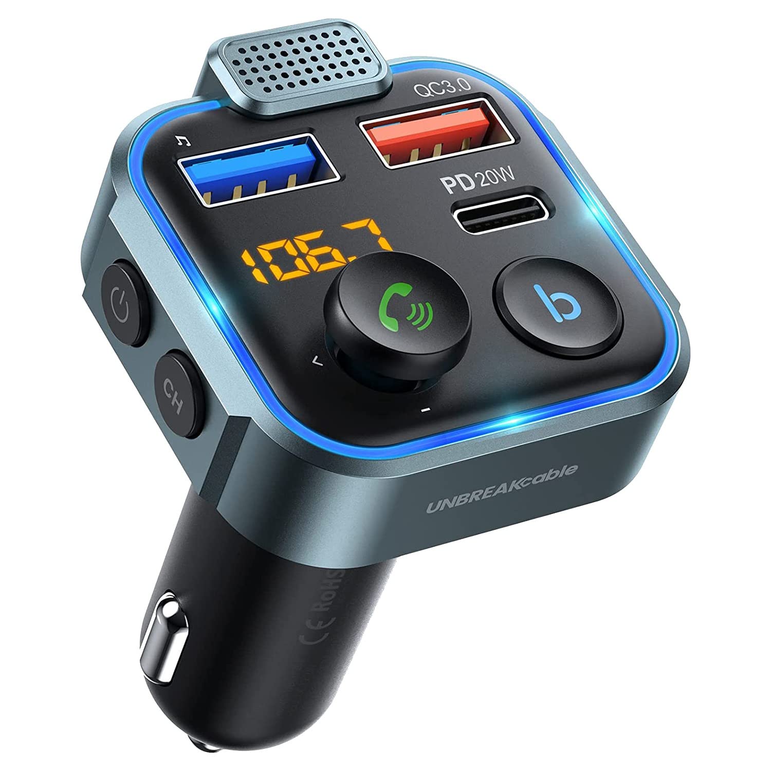 Feriany Auto-Bluetooth 5.0 FM-Transmitter, Auto-MP3-Player-Radio-Musikadapter-LadegeräT, UnterstüTzt Den FreihäNdigen -Assistenten von Feriany