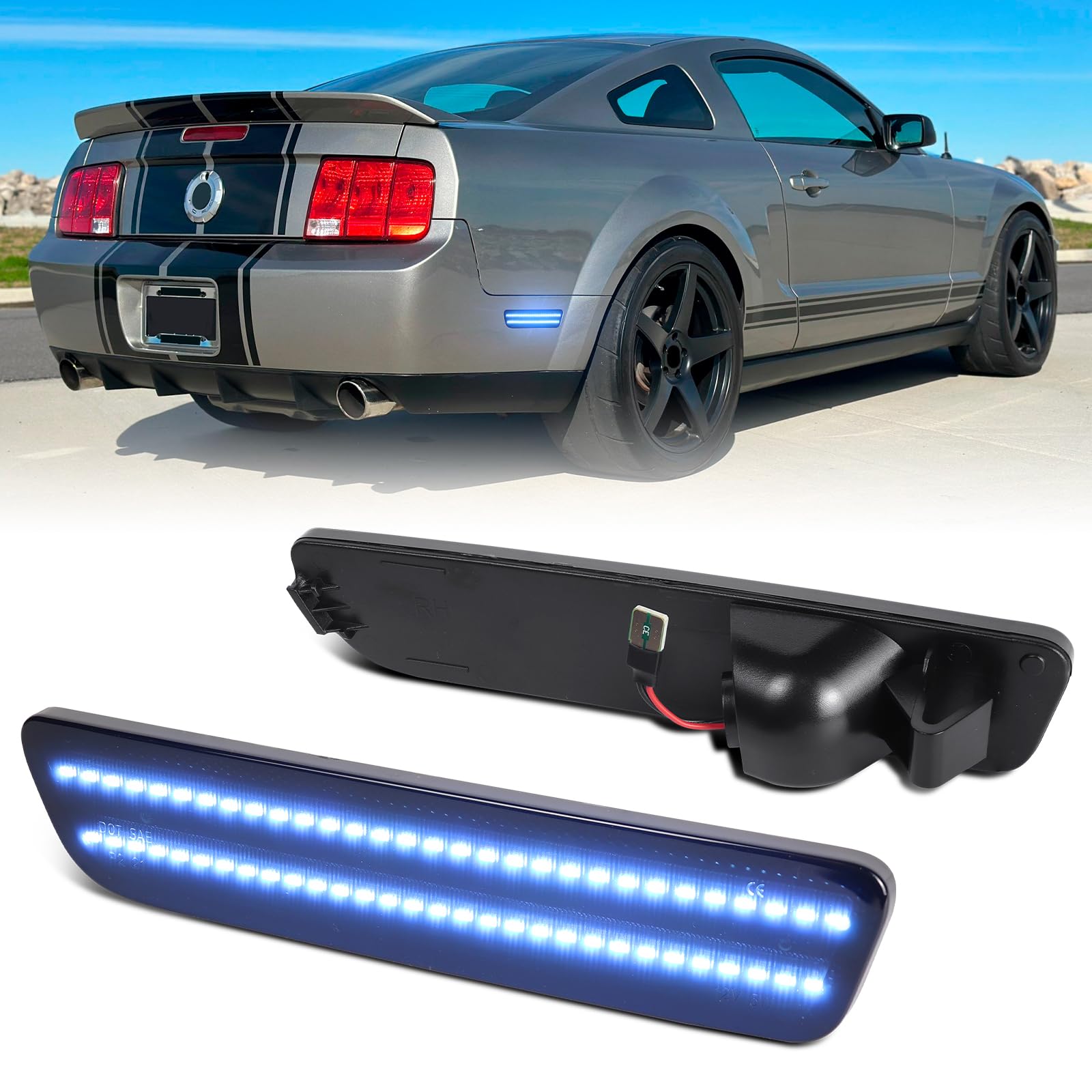 Dual Rows Blue LED Side Marker Lights for Ford Mustang 2005-2009 Rear Bumper Fender Marker Reflectors, 2PCS Smoked Lens von FetonAuto