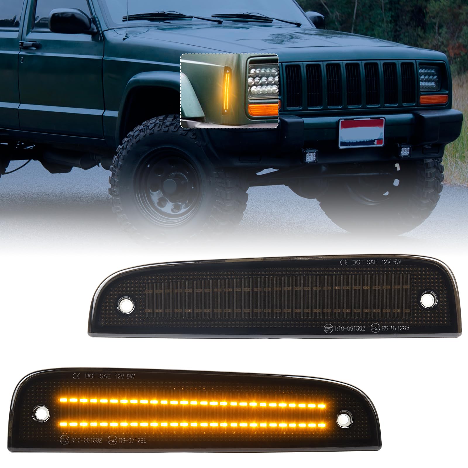 FetonAuto 𝟐𝐏𝐂𝐒 𝐔𝐩𝐠𝐫𝐚𝐝𝐞 LED Front Side Marker Lights for Jeep Cherokee XJ Chassis 1997-2001 Bumper Corner Parking Signal Accessories, Smoked Black Lens Amber Lighting von FetonAuto