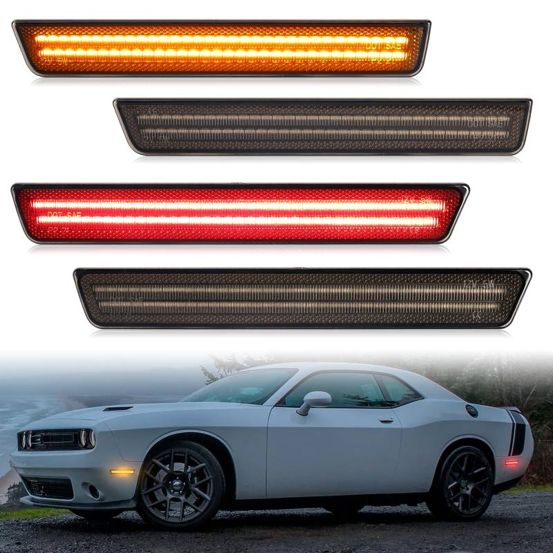 FetonAuto 4PCS LED Seitenmarkierungsleuchten für Dodge Challenger 2015 2016 2017 2018 2019 2020 2021 2022, geräucherte Linse Bernstein rot vorne hinten Stoßstange Lampe von FetonAuto