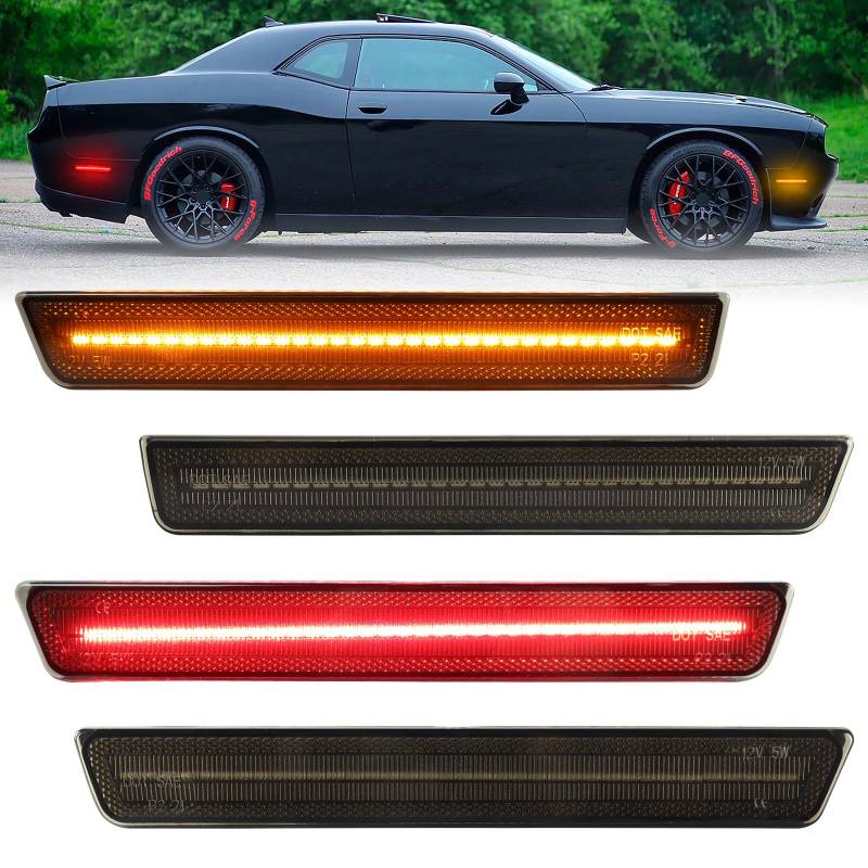 FetonAuto 4PCS LED Seitenmarkierungsleuchten für Dodge Challenger 2015 2016 2017 2018 2019 2020 2021 2022 2023, geräucherte Linse Bernstein rot vorne hinten Stoßstange Markierungsleuchte von FetonAuto