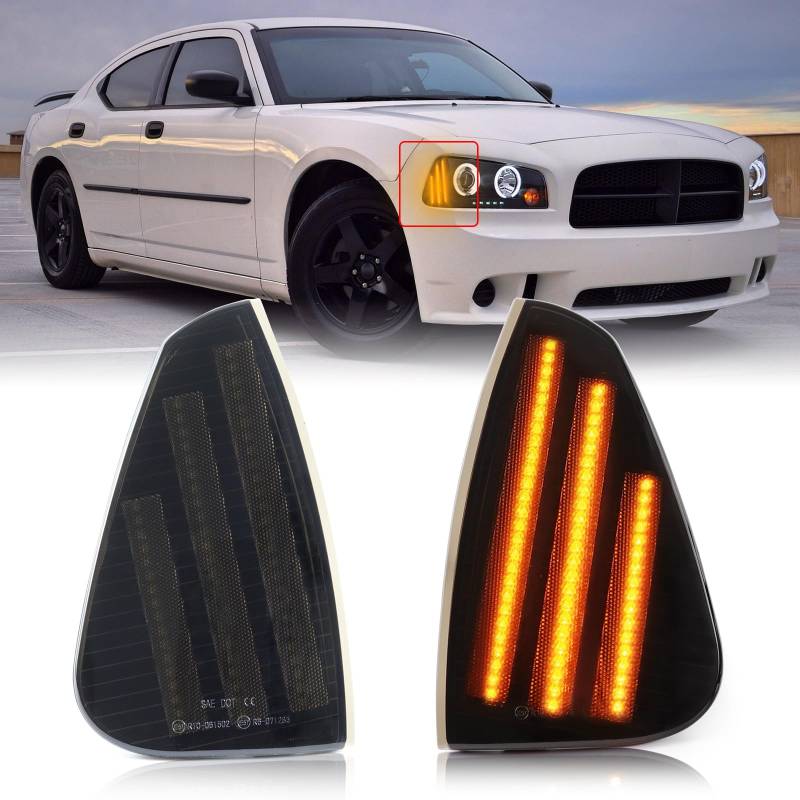 FetonAuto Amber Front Bumper Full LED Side Marker Lights Assembly for 2006-2010 Dodge Charger Daytona RT SE SRT8 SXT, Smoked Lens Driver Passenger Corner Signal Lamps von FetonAuto