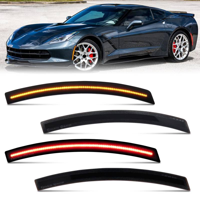 FetonAuto C7 LED Side Marker Lights for Chevy Corvette C7 Grand Sport Stingray Z06 ZR1 2014 2015 2016 2017 2018 2019 Smoked Lens Amber Red Front Rear Bumper Turn Signal Lamp Kits von FetonAuto