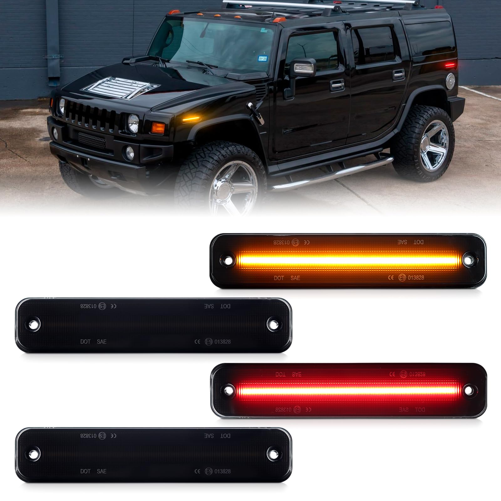 FetonAuto LED Side Marker Lights Assembly Smoked Lens for 2003-2009 Hummer H2, Amber Front Rear Red Fender Side Markers Lamp, LED Turn Signal lights von FetonAuto