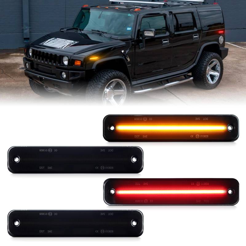 FetonAuto LED Side Marker Lights Assembly Smoked Lens for 2003-2009 Hummer H2, Amber Front Rear Red Fender Side Markers Lamp, LED Turn Signal lights von FetonAuto