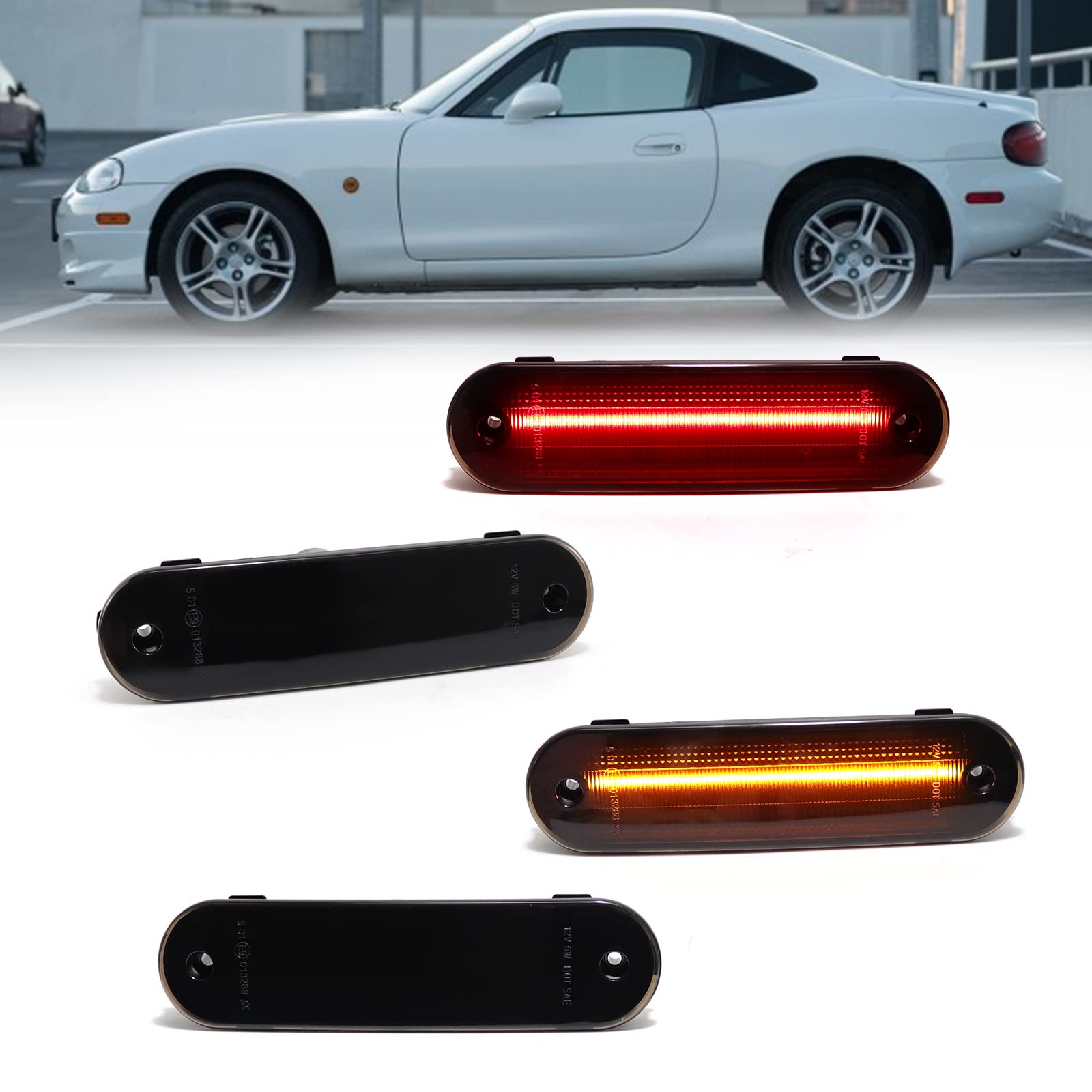 FetonAuto LED Side Marker Lights For 1990-1997 Mazda Miata 1999-2005 Mazda MX-5, Smoked Lens Front Amber Rear Red Bumper Sidemarker Indicator Blinker Lamps Replacement von FetonAuto