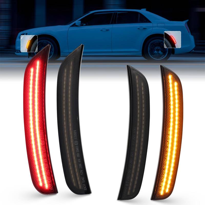 FetonAuto LED Side Marker Lights for Chrysler 300 2015-2022, Smoked Lens Front Rear Bumper Fender Sidemarker Amber Red Reflectors with Dual-row Lamp Strip von FetonAuto