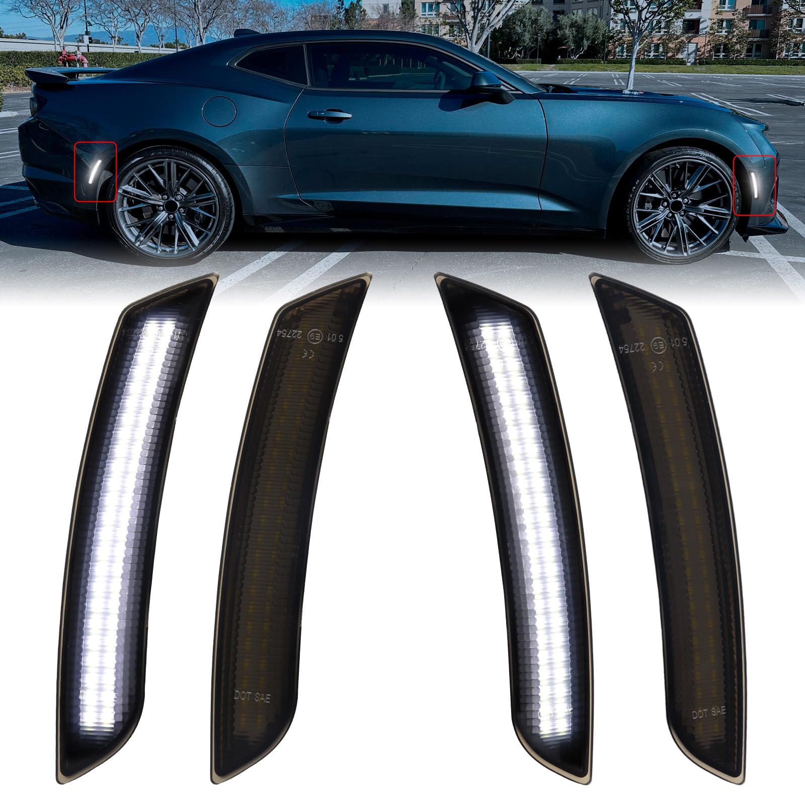 FetonAuto LED White Side Marker Lights for 2016-2023 Chevy Camaro LS LT SS RS ZL1 Front Rear Bumper Fender Reflector, Smoked Lens 4PCS von FetonAuto