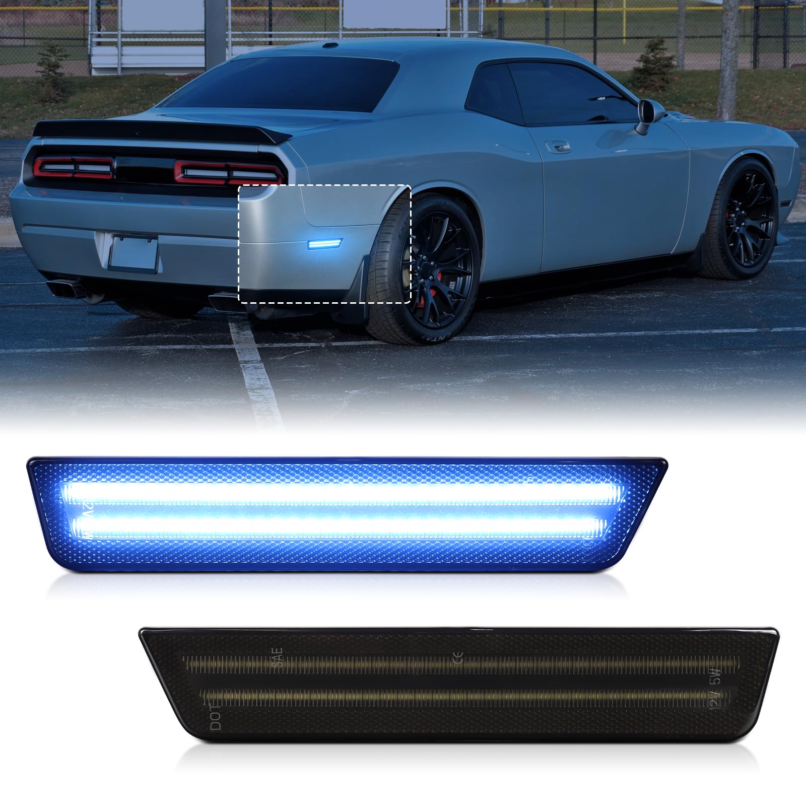 FetonAuto Smoked Lens Blue LED Side Marker Lights for 2008-2014 Dodge Challenger 2011-2014 Dodge Charger, Rear Bumper Marker Reflectors 2PCS von FetonAuto