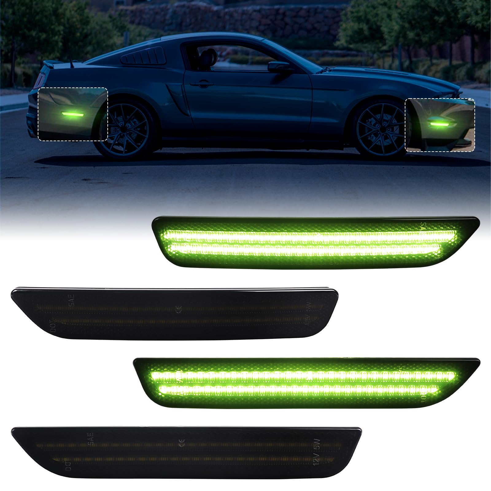 FetonAuto Smoked Lens Green LED Side Marker Reflectors Lights for Ford Mustang 2010 2011 2012 2013 2014 Front Rear Bumper Marker Lights Assembly, Pack of 4 von FetonAuto