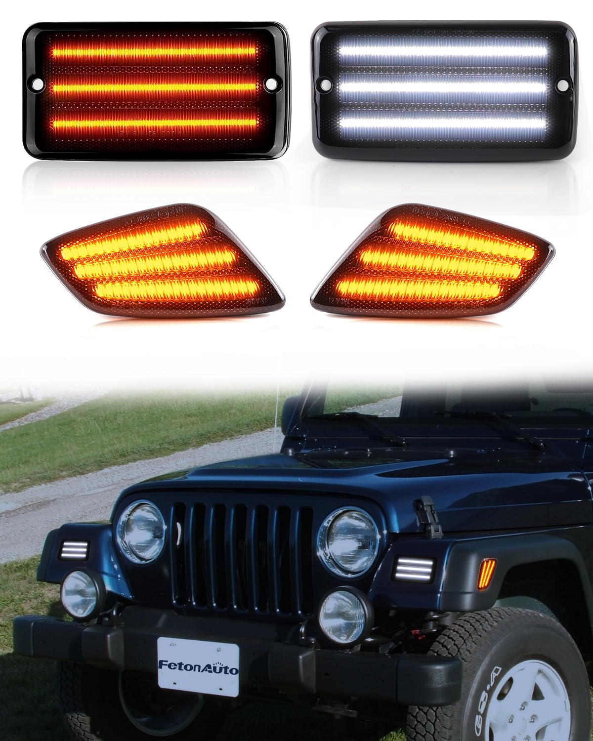 FetonAuto Switchback Amber White LED Side Marker Lights Stoßstange Blinker Lampen Kits für 1997-2006 Jeep Wrangler TJ, geräuchert Len 4pcs von FetonAuto