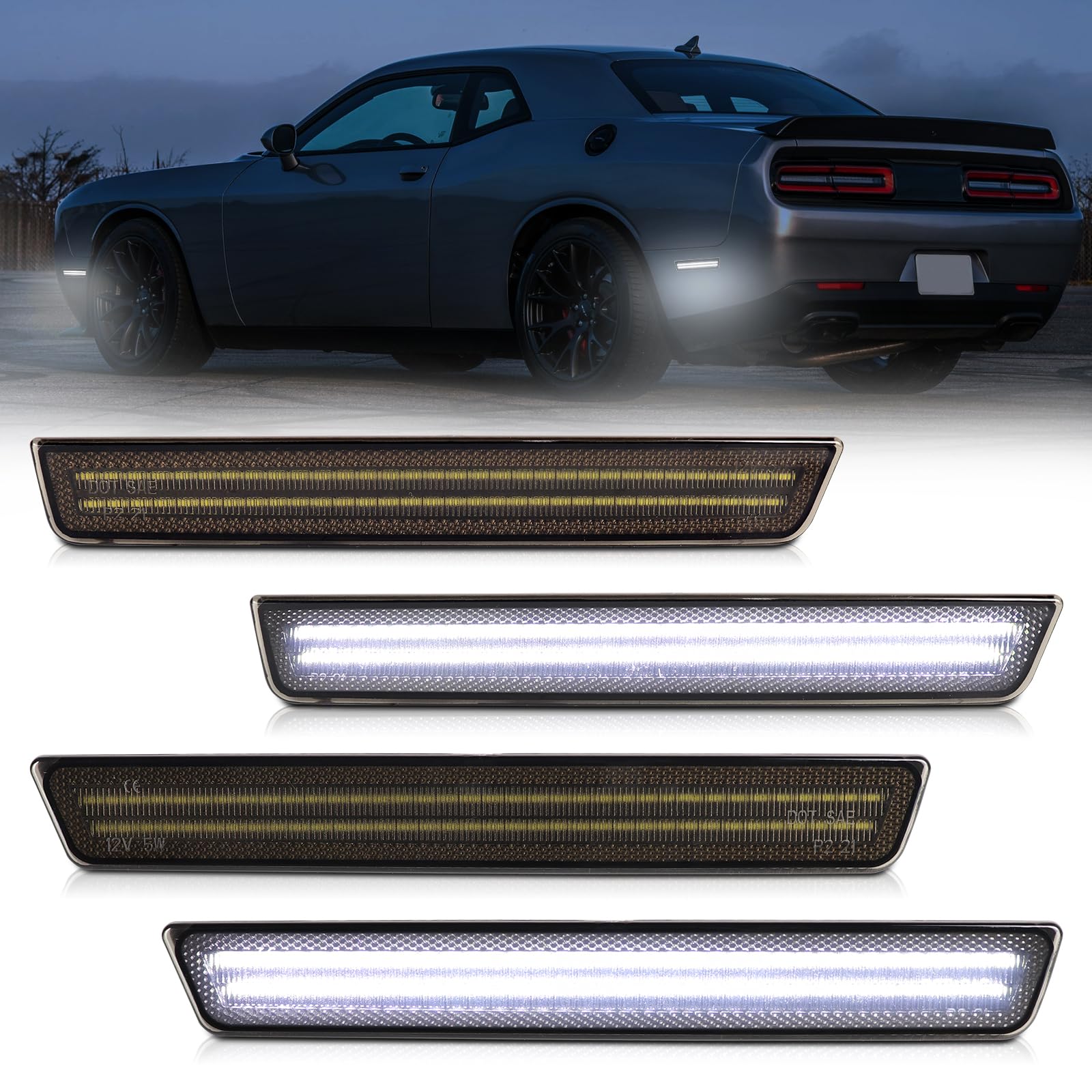 FetonAuto Weiße LED Front Heckbegrenzungsleuchten für Dodge Challenger 2015 2016 2017 2018 2019 2020 2021 2022, Rauchglas reinweiß Challenger Stoßstange Kotflügel Parkleuchten von FetonAuto