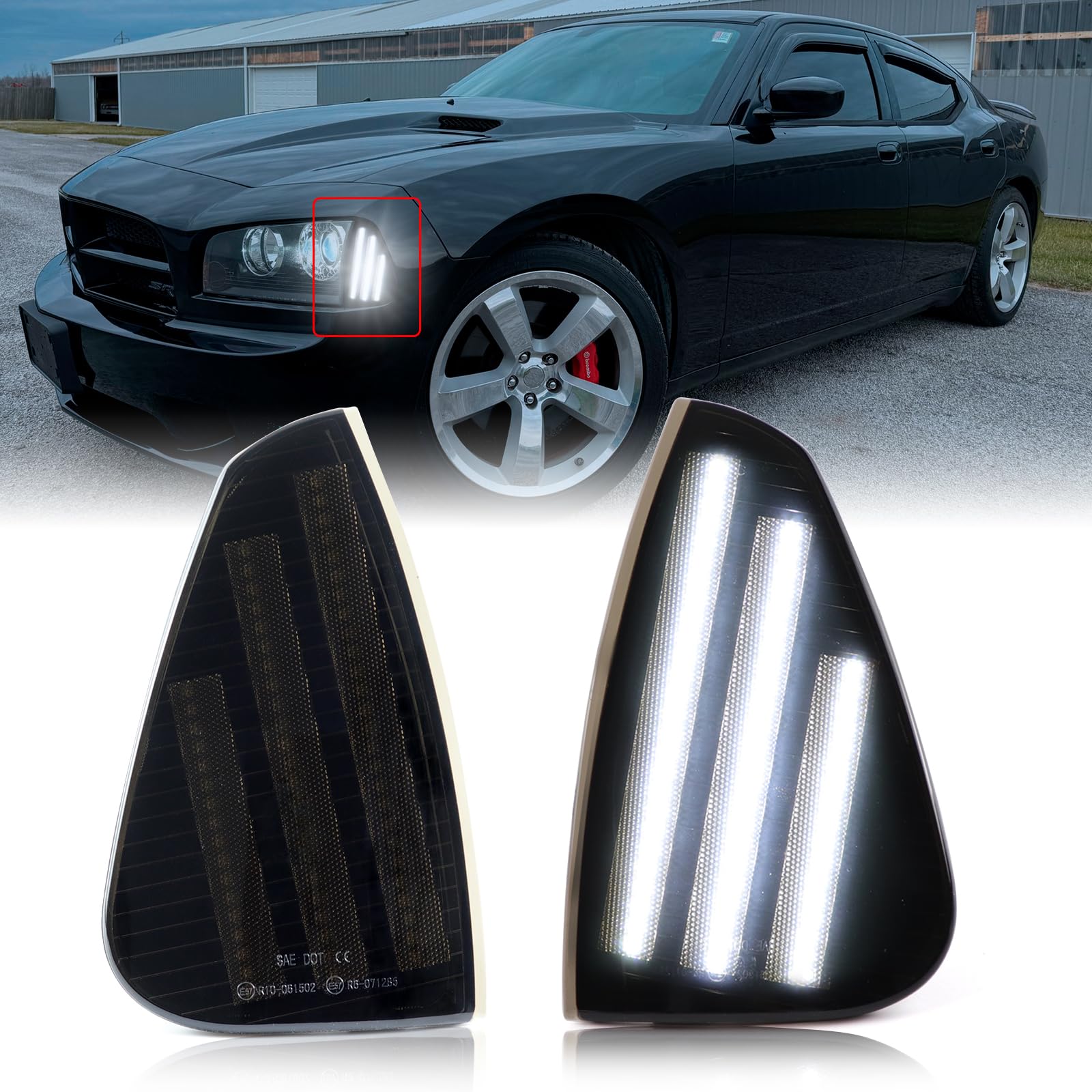 FetonAuto White Front Bumper LED Side Marker Lights Assembly for 2006-2010 Dodge Charger Daytona RT SE SRT8 SXT, Smoked Lens Driver Passenger Corner Signal Lamps von FetonAuto